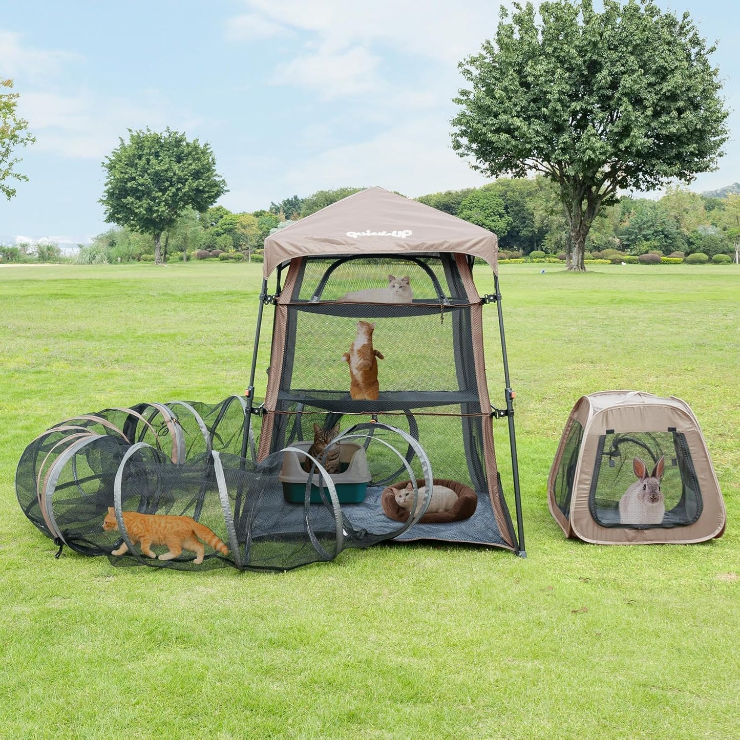Catio Outdoor Cat Enclosure Combo for Indoor and Outdoor,3 Tier Cage Inside, Pop up Catio,Portable and Foldable(Includes one cat Tower Tent,one Tunnel and a cage) + cat Tunnel(2 Packs)