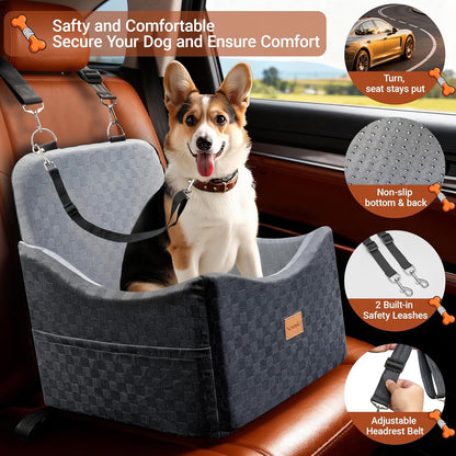 2 in 1 Dog Car Seat Bed for Small/Medium Dogs Up to 35 lbs, Travel Dog Booster Seat with Memory Foam Thick Cushion, Safety Belts&Storage Pockets, Removable Washable Bed Fits Front or Back Seat