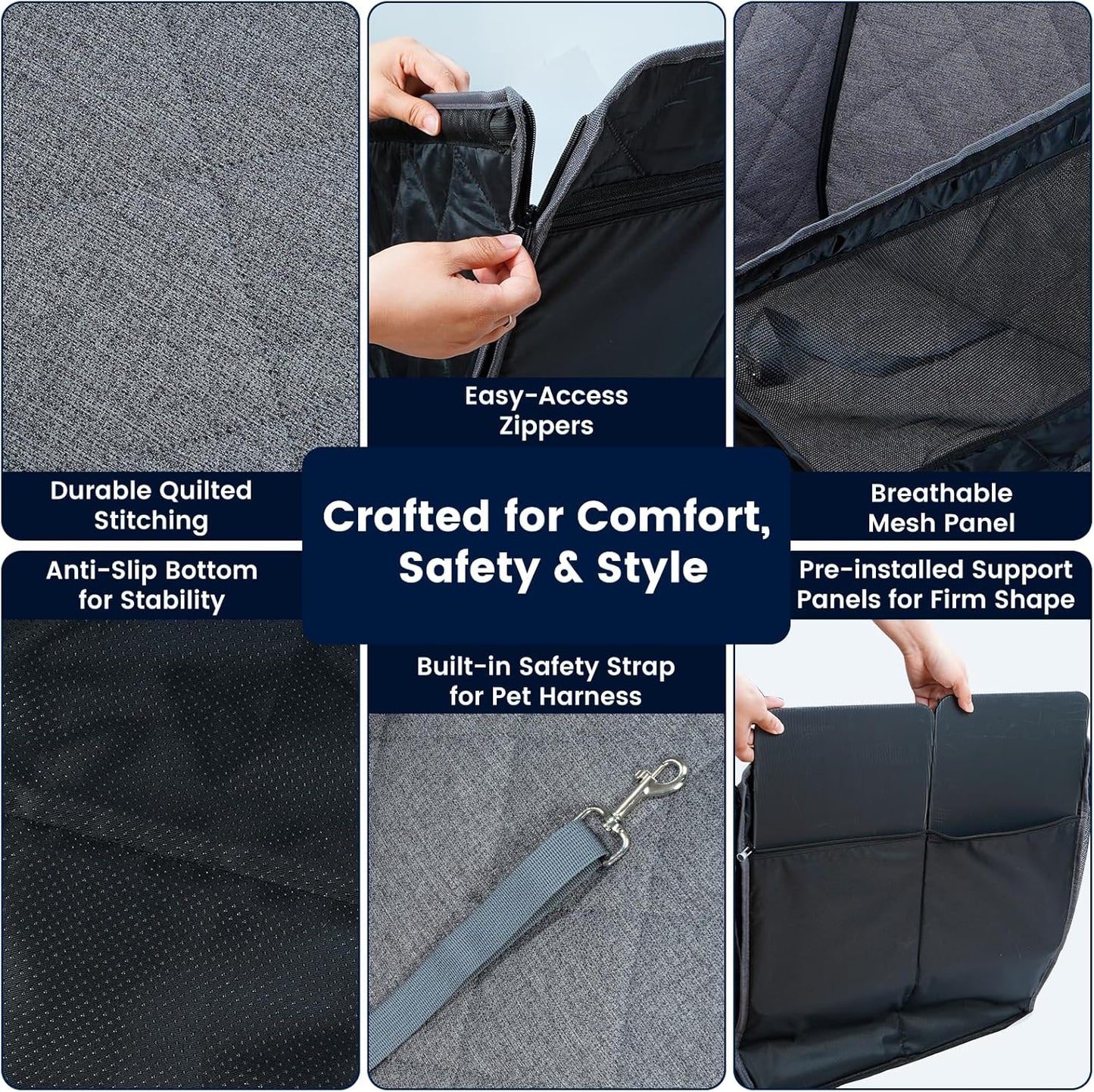 Front Seat Dog Car Seat for Small/Medium Dogs with Door Protection – Full Coverage Pet Booster Seat with Mesh Window, Zippered Side Flaps, Safety Buckle, Grey Linen Fabric