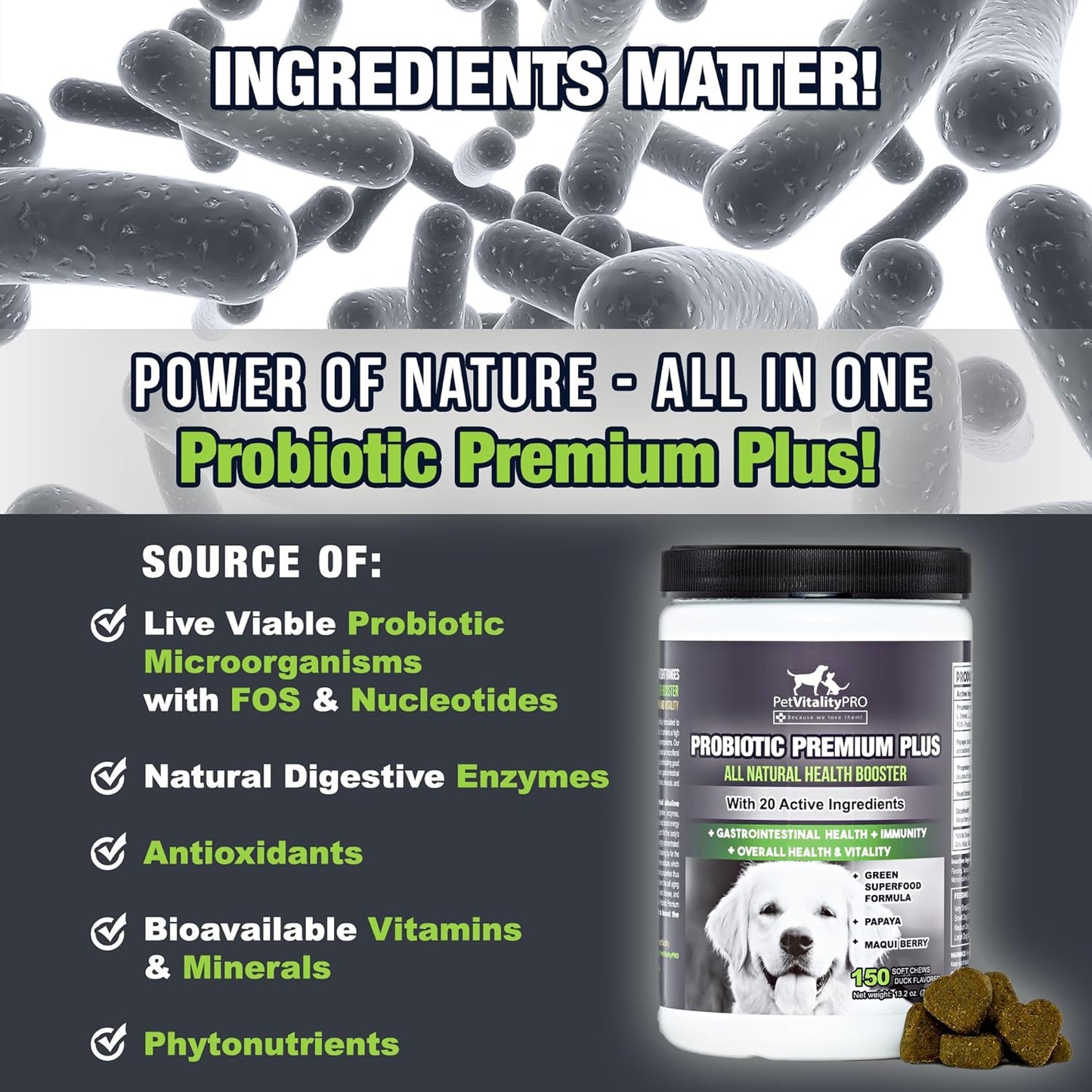 Probiotics for Dogs with Natural Digestive Enzymes ● 4 Bill CFUs/2 Soft Chews ● Dog Diarrhea Upset Stomach Yeast Gas Bad Breath Immunity Allergies Skin Itching Hot Spots ● 150 Count