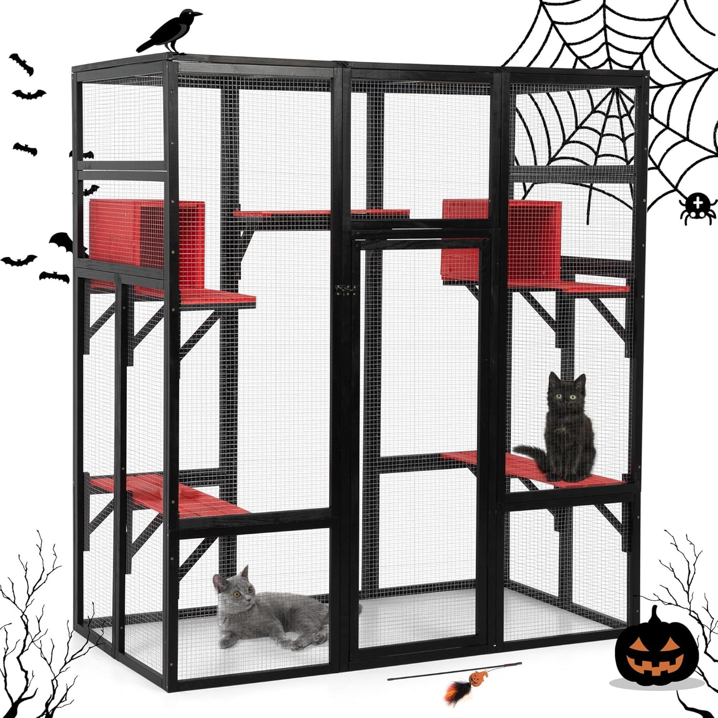 COZIWOW 70Inches Large Spacious Wooden Catio Outdoor Cat Enclosure with Perches and Condos, Cat Cage Indoor with Waterproof Roof, 7 Platforms & 2 Resting Box, UV Resistant (Gothic)