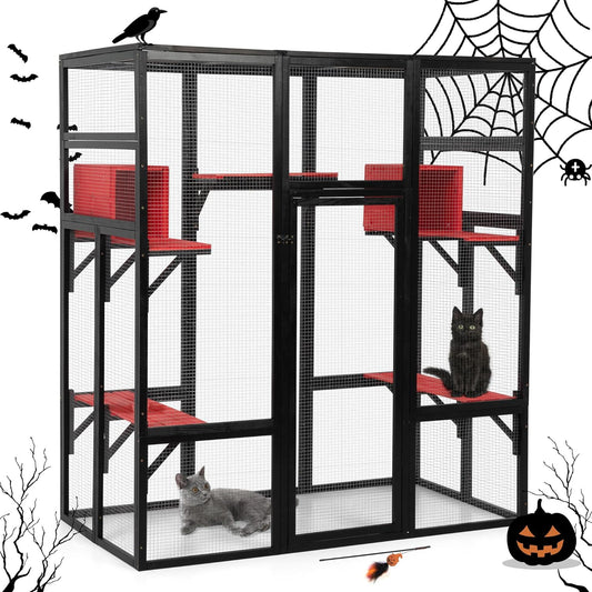 COZIWOW 70Inches Large Spacious Wooden Catio Outdoor Cat Enclosure with Perches and Condos, Cat Cage Indoor with Waterproof Roof, 7 Platforms & 2 Resting Box, UV Resistant (Gothic)