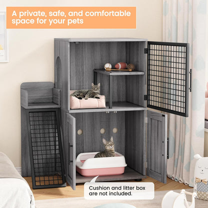 Modern Cat Litter Box Enclosure Furniture with Platform, 41.9" Double Layer Hidden Cat House with Ladder, Indoor Washroom Villa Cabinet for Large Cats, Wax Wood Color