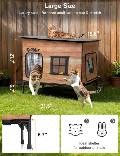 Heated Cat House for Outside: Apartment Design 31.5" Waterproof & Insulated Outdoor Cat House for Winter, Weatherproof Elevated Feral Cat Shelter with Heating Pad, Warm Houses for Outdoor Cats Stray