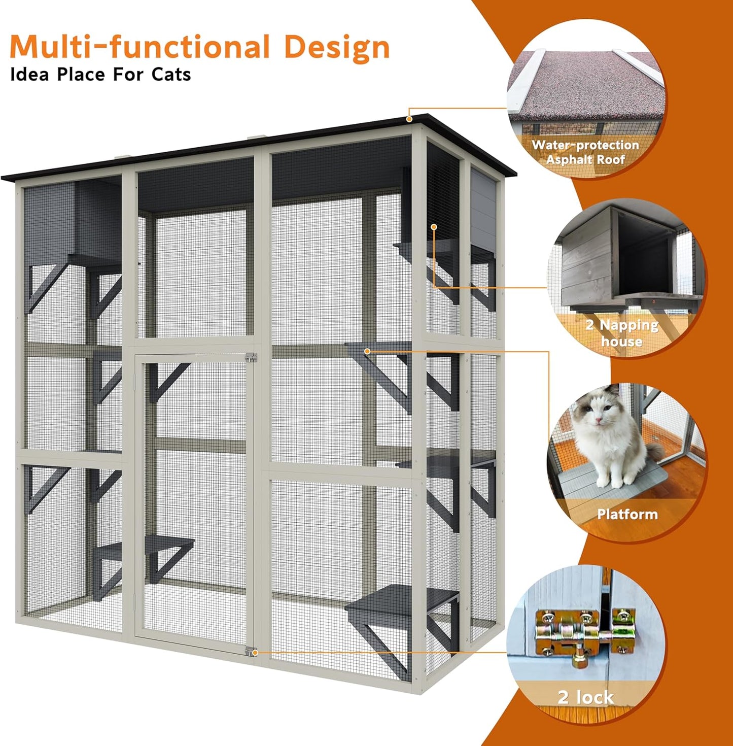 Catio Outdoor Cat Enclosure, Large Walk in Cat House for Outdoor Cats Kitten Enclosure with Weatherproof Asphalt Roof,Cat Cages with 6 Platforms & 2 Napping Boxes, 70.9",Grey