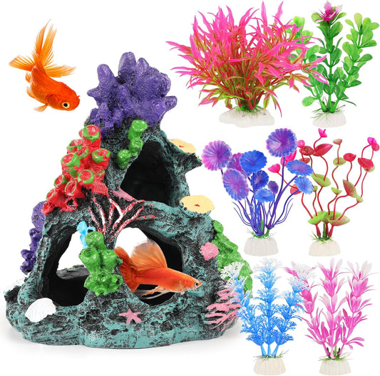 MyLifeUNIT Fish Tank Plants, 7 Pieces Colorful Aquarium Plants and Coral Reef Set for Fish Tank Decoration, Mountain Cave Ornament for Betta, Goldfish to Breed, Play and Rest