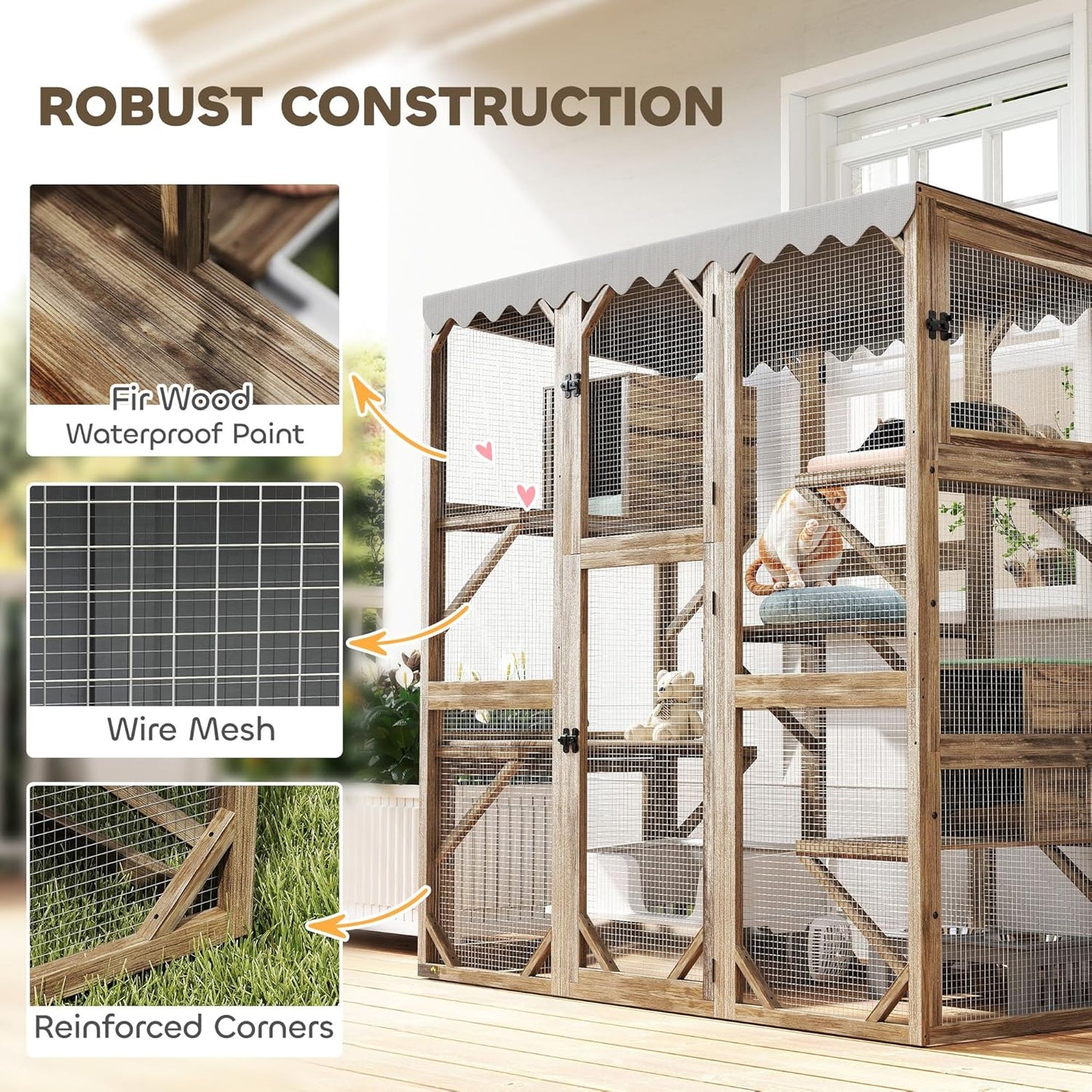 PawHut Catio Outdoor Cat Enclosure, Wooden Cat House with Window Access, 5 Platforms and 2 Resting Box, Waterproof Roof, Kitty Cage for Multiple Kittens, 59" H, Brown
