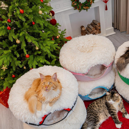 CATTASAURUS Peekaboo Cat Cave for Multiple & Large Cats Up to 30-45 Lbs, Fluffy Cat Beds & Furniture, Scratch Detachable & Washable Tunnel Bed, Comfy Donut Bed (Ruby Snowball, Large (Calming))