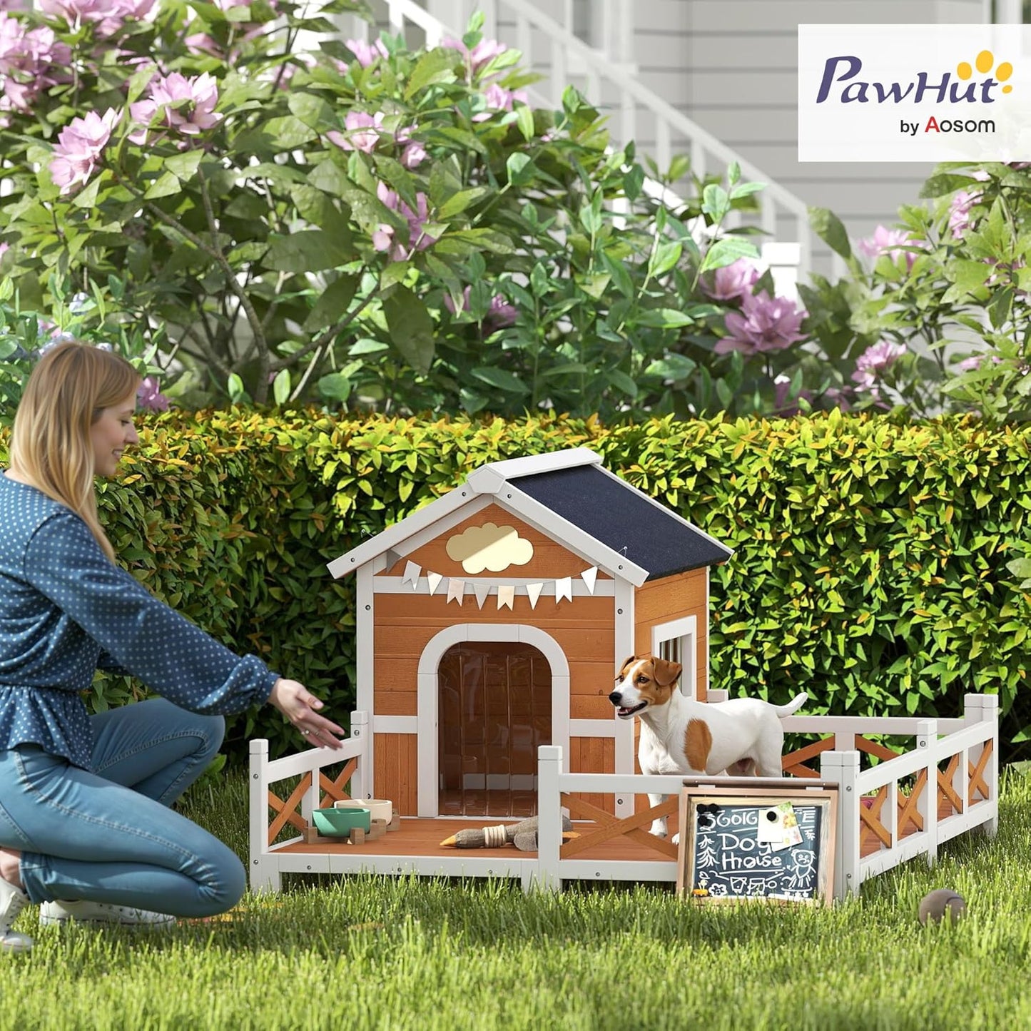 PawHut Outdoor Dog House, 56" Wooden Dog House with Large Porch, Weatherproof & Openable Roof, Elevated Base, Removable Floor, Outside Shelter for Small to Medium Breeds, 47" × 56" × 31.5"