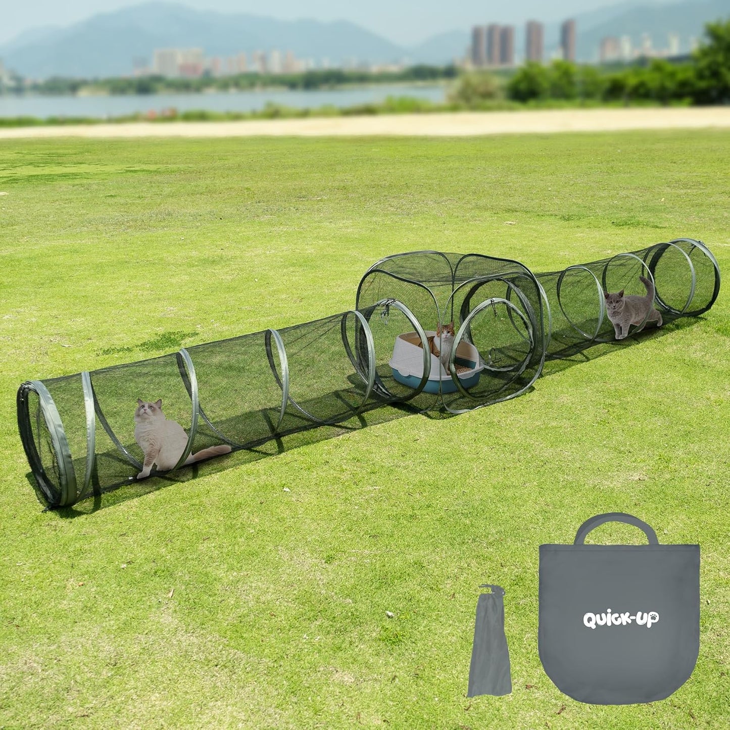 Catio Outdoor Cat Enclosure Combo for Indoor and Outdoor,3 Tier Cage Inside,Pop up Catio,Portable and Foldable(Includes cat Tower Tent, Tunnel and cage) Plus 2 cat Tunnel +1 Cube
