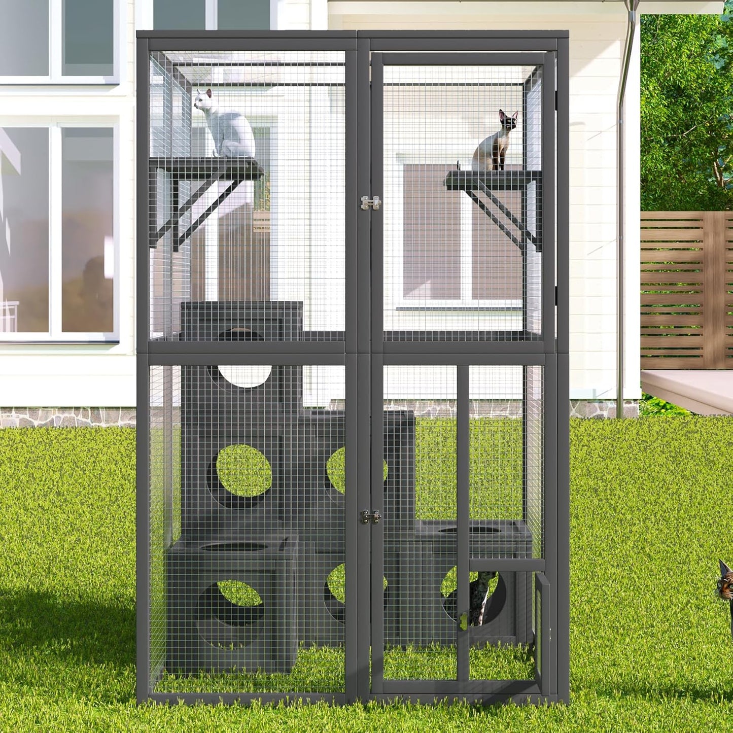 68.90" H Catio Outdoor Cat Enclosure Large, Tall Wooden Cat House with Weatherproof Roof, Cat Cage Playpen with 2 Multiple Platforms & 7 Removable Wood Boxes, for Cats, Grey