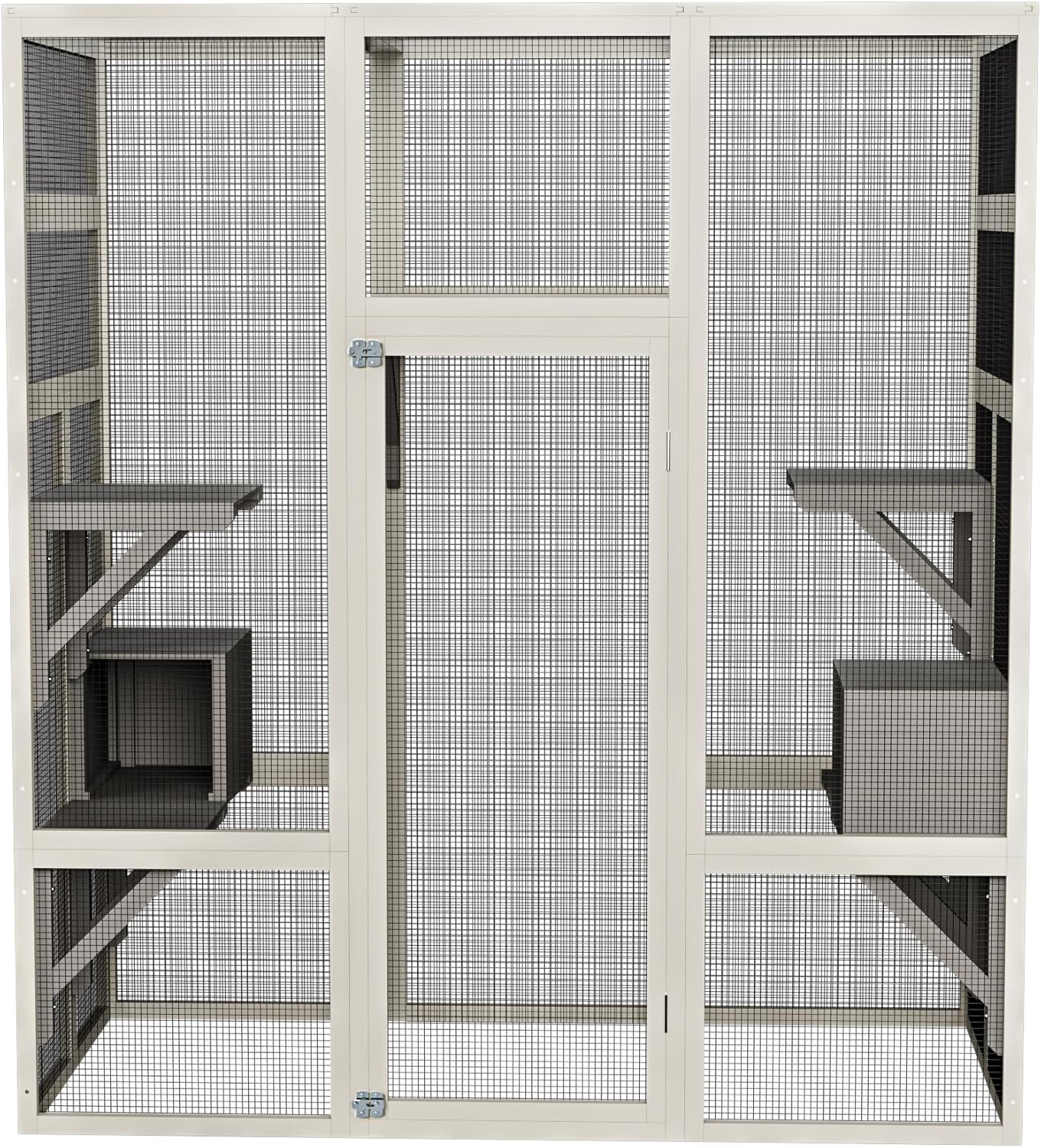 70'' Catio Outdoor Cat House, Cat Enclosure for Mulitiple Cats Large Walk in Catio with Waterproof Cover, Feral Cats Shelter with Platforms and 2 Resting Box