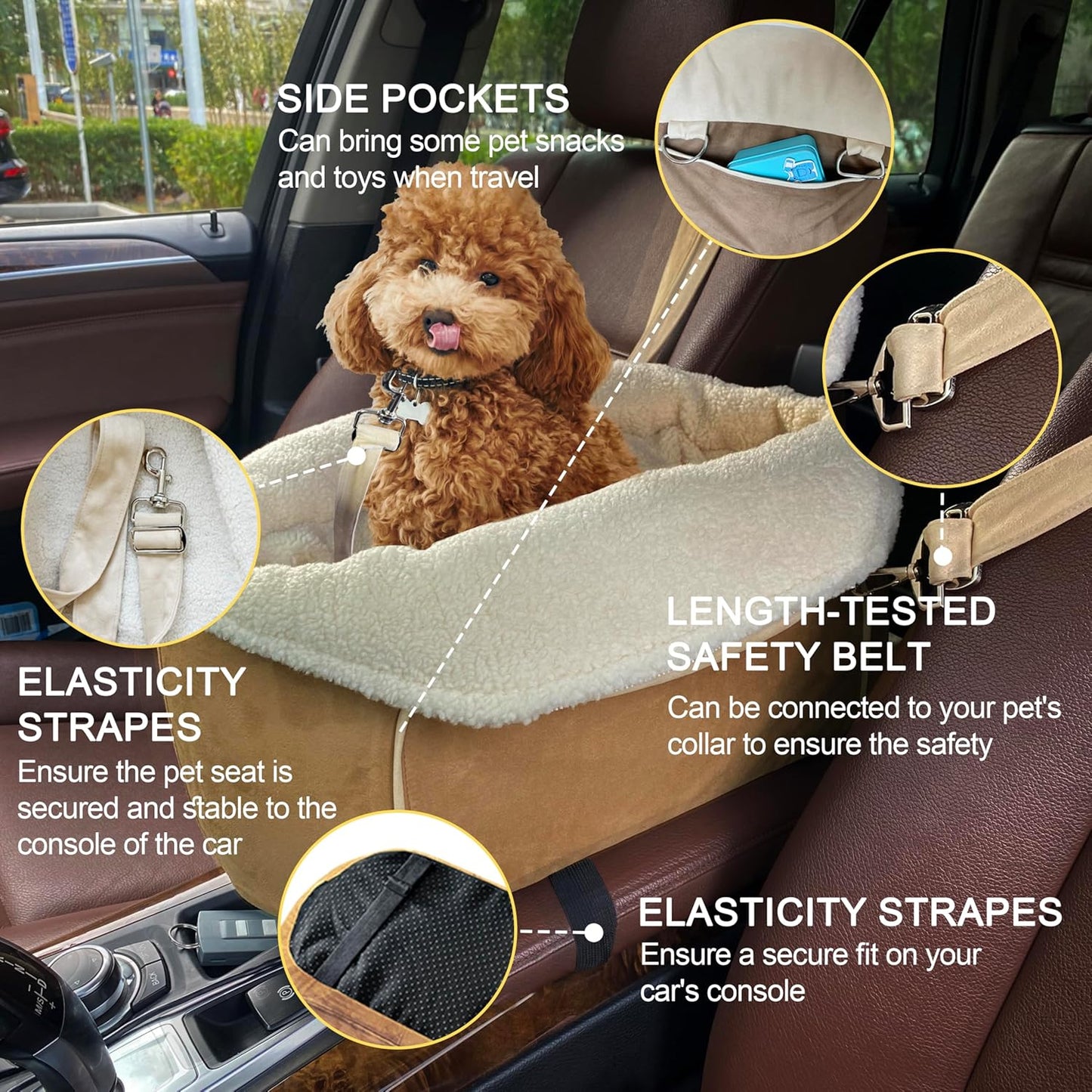 Dog Car Seat for Small Dogs Booster Seat Under 30lbs Pet Car Seat Travel Bed with Storage Pockets and Dog Safety Belt, Frosted-Velvet, Brown