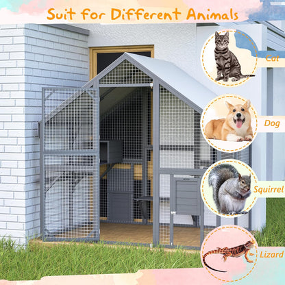 KEIKI 6x4.6 FT Wooden Large Cat House Outdoor Catio Kitty Enclosures with 2 Doors,Platforms,Resting Box,Peaked Roof