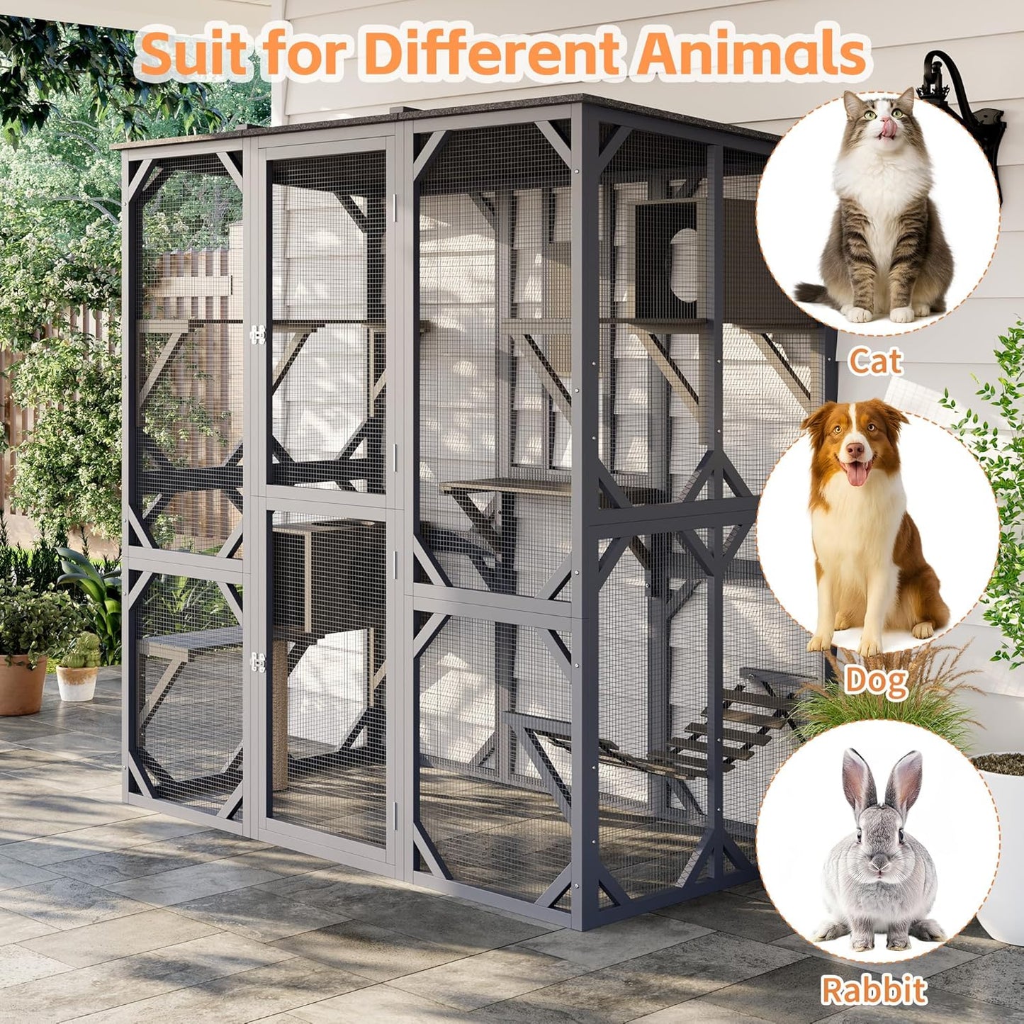 70 Inch Outdoor Walk-in Cat Enclosure with Window, Waterproof Roof Cattery with Bridge and Scratching Post Outdoor Patio Cat Playpen, Grey
