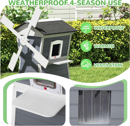 Coziwow Outdoor Cat House,Windmill-Shaped Kitty Enclosure with Waterproof Roof, Jumping Platform & Balcony for Porch or Garden