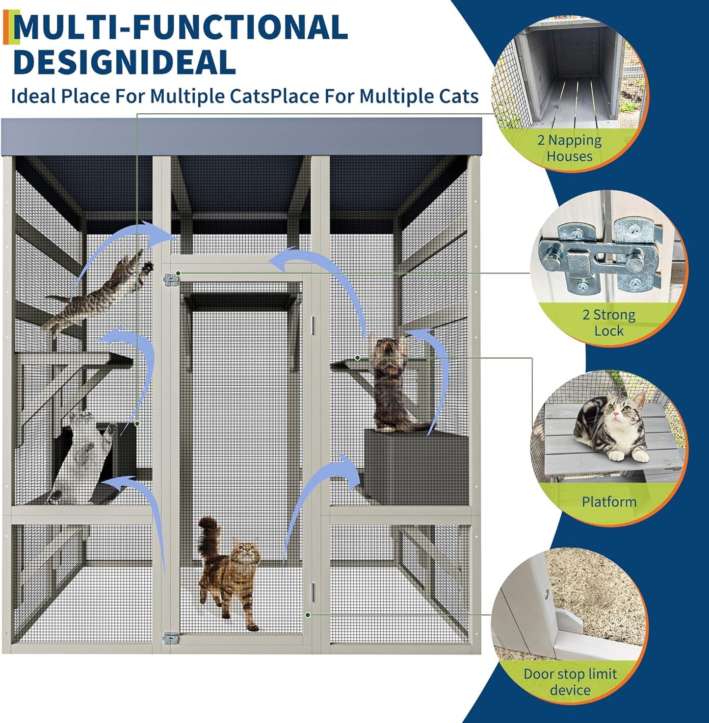 70" Large Outdoor Catio Cat Enclosure, Wood Cat Patio with Waterproof UV-Resistant Roof, Cats Shelter with 5 Platforms and 2 Resting Box, and Secure Rust-Proof Wire for Backyard or Patio