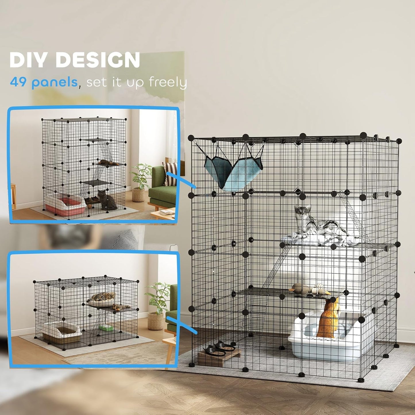 PawHut Cat Cage Indoor, DIY 4 Tier Cat Enclosure with Hammock, 3 x 3 x 4 Detachable Wire Cat Kennel with Ramps, Jumping Platforms, Doors, for 1-3 Cats, 41" L x 41" W x 55" H, Black