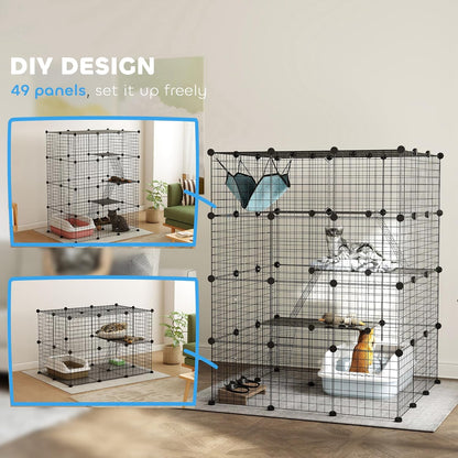 PawHut Cat Cage Indoor, DIY 4 Tier Cat Enclosure with Hammock, 3 x 3 x 4 Detachable Wire Cat Kennel with Ramps, Jumping Platforms, Doors, for 1-3 Cats, 41" L x 41" W x 55" H, Black