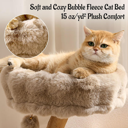 Natural Wood Cat Tree for Indoor Cats Adults, 33in Modern Cat Tree Tower with Super Soft Plush Cat Bed & Perch, Sisal Scratching Posts and Hanging Plush Ball, Soft Khaki