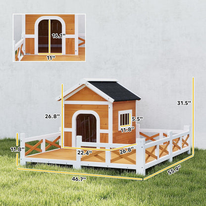 PawHut Outdoor Dog House, 56" Wooden Dog House with Large Porch, Weatherproof & Openable Roof, Elevated Base, Removable Floor, Outside Shelter for Small to Medium Breeds, 47" × 56" × 31.5"