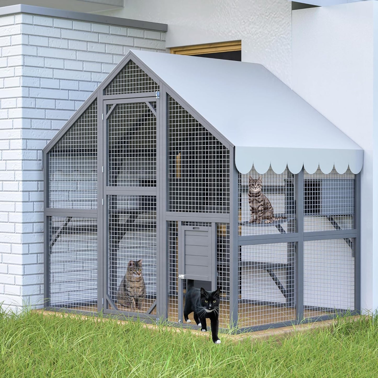 KEIKI 6x4.6 FT Wooden Large Cat House Outdoor Catio Kitty Enclosures with 2 Doors,Platforms,Resting Box,Peaked Roof