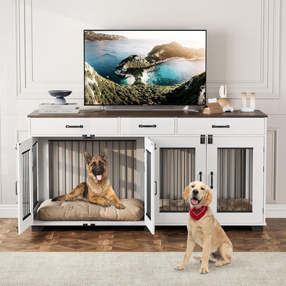 71" Double Dog Crate Furniture, Rustic Indoor Kennel with Removable Divider and 3 Storage Drawers for Medium Large Dogs