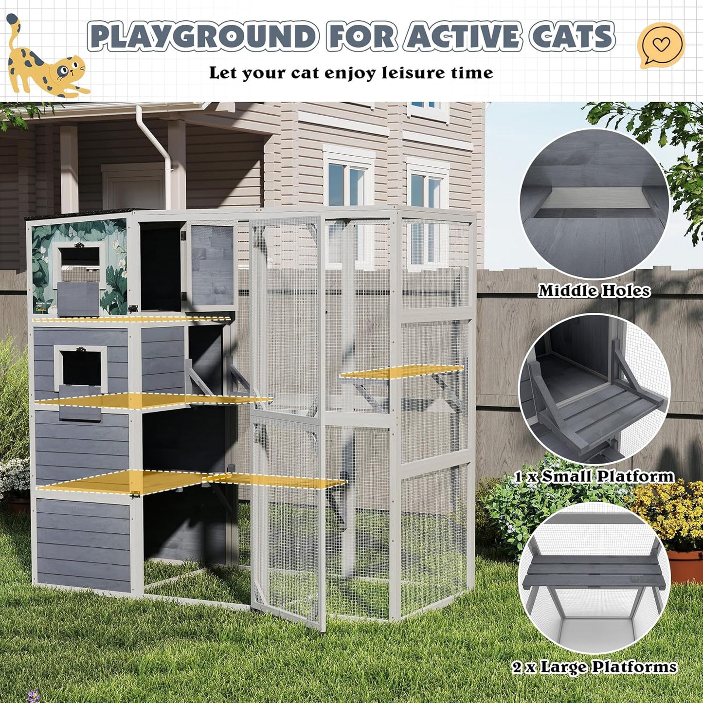 COZIWOW Large Wood Cat Catio, Outdoor Enclosure with Weatherproof Roof, 2 Resting Rooms, 2 Platforms, 4-Tier Cat Playpen (Grey with Pattern)