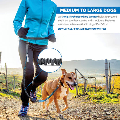 Tuff Mutt Hands Free Dog Leash for Walking Running Hiking, Waist Leash with Bungee, Adjustable Belt, Reflective Double Handle Design for Large Medium Dogs