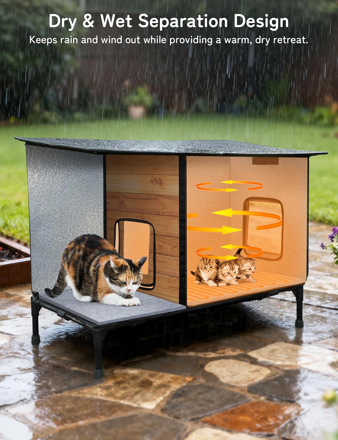 Heated Cat House for Outside: Apartment Design 31.5" Waterproof & Insulated Outdoor Cat House for Winter, Weatherproof Elevated Feral Cat Shelter with Heating Pad, Warm Houses for Outdoor Cats Stray
