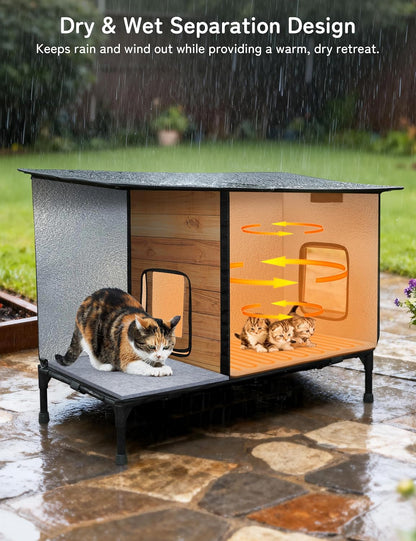 Heated Cat House for Outside: Apartment Design 31.5" Waterproof & Insulated Outdoor Cat House for Winter, Weatherproof Elevated Feral Cat Shelter with Heating Pad, Warm Houses for Outdoor Cats Stray