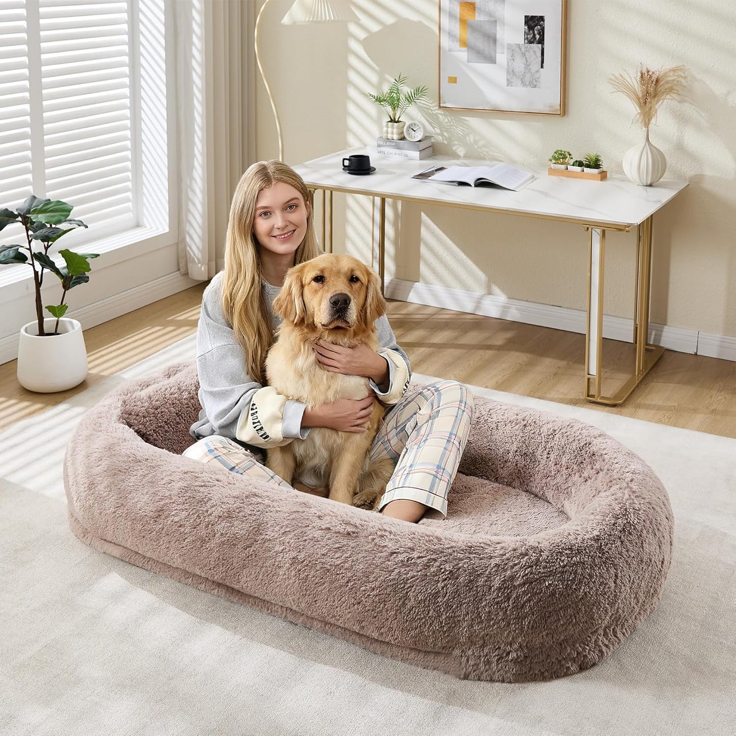 67 in x43 in x8 in Human Dog Bed for Adult & Pets, Faux Fur Removable Human Dogs Bed with Pillow, Portable Handle, Side Pocket, Egg Orthopedic Foam, Large Dog Beds for Bedroom Living Room Office Brown