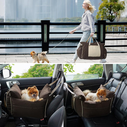 Lesure Small Dog Car Seat for Small Dogs - Soft Dog Booster Seat for Car with Storage Pocket and Clip-On Safety Leash and Thickened Memory Foam Filling, Pet Travel Carrier Bed Brown