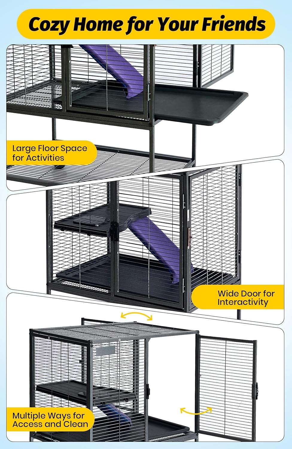 34 Inch High Small Animal Cage for Ferrets, Chinchillas, Hedgehogs - 4 Tier Large Hamster Cage with Removable Ramp, Comfortable Hammock, Extra Storage Stand, and Easy-to-Clean Removable Tray
