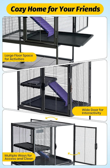 34 Inch High Small Animal Cage for Ferrets, Chinchillas, Hedgehogs - 4 Tier Large Hamster Cage with Removable Ramp, Comfortable Hammock, Extra Storage Stand, and Easy-to-Clean Removable Tray