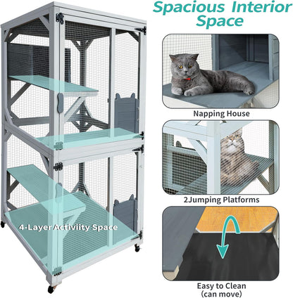 30.7" Wooden Catio Outdoor Cat Enclosure, Cat House on Wheels with 4 Platforms,Napping House & Weatherproof Asphalt Roof, Kitty Cage Shelter with Sliding Doors,Gray