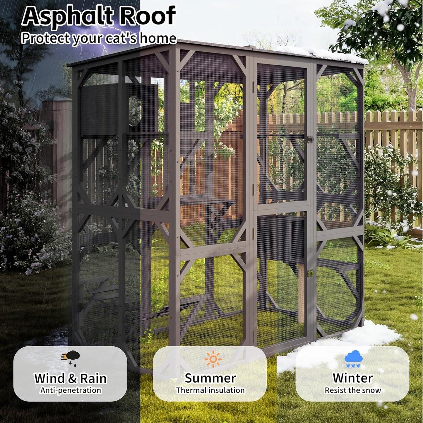 70" Catio Outdoor Cat Enclosure with Window, Waterproof Roof Cattery with Bridge and Scratching Post Outdoor Catio Enclosure,Grey