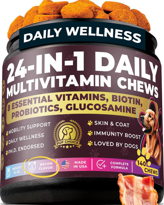 24-in-1 Complete Daily Multivitamin Dog Chews – Bacon Flavor – All-in-One PhD-Endorsed Support for Joints, Skin & Coat, Digestion, Immunity, Gut Health, Glucosamine, Omega-3, Probiotics - 140 Chews
