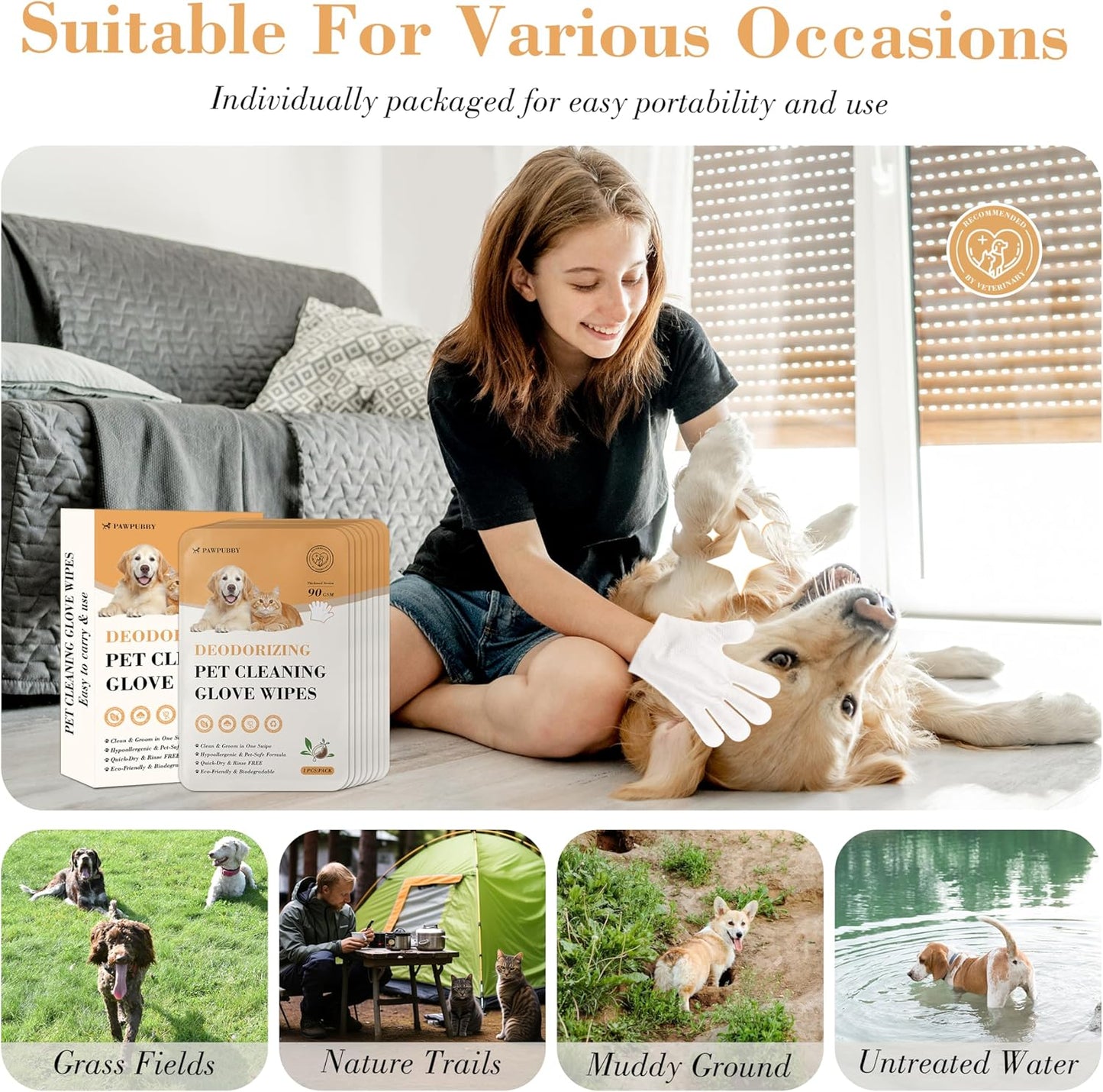 Pet Cleaning Glove Wipes - Coconut Oil & Chamomile Infused, Tame Fur & Banish Odors for Dogs/Cats/Small Furry Pets, Mild Rinse-Free Natural Wipes (8PCS)