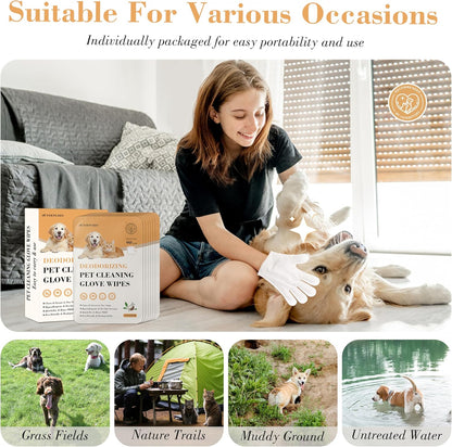 Pet Cleaning Glove Wipes - Coconut Oil & Chamomile Infused, Tame Fur & Banish Odors for Dogs/Cats/Small Furry Pets, Mild Rinse-Free Natural Wipes (8PCS)