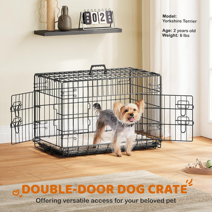 Yaheetech 30 inch Double Door Dog Crate w/Divider for Puppy, Collapsible Metal Dog Kennel with Removable Tray, Portable Travel Cage, Black