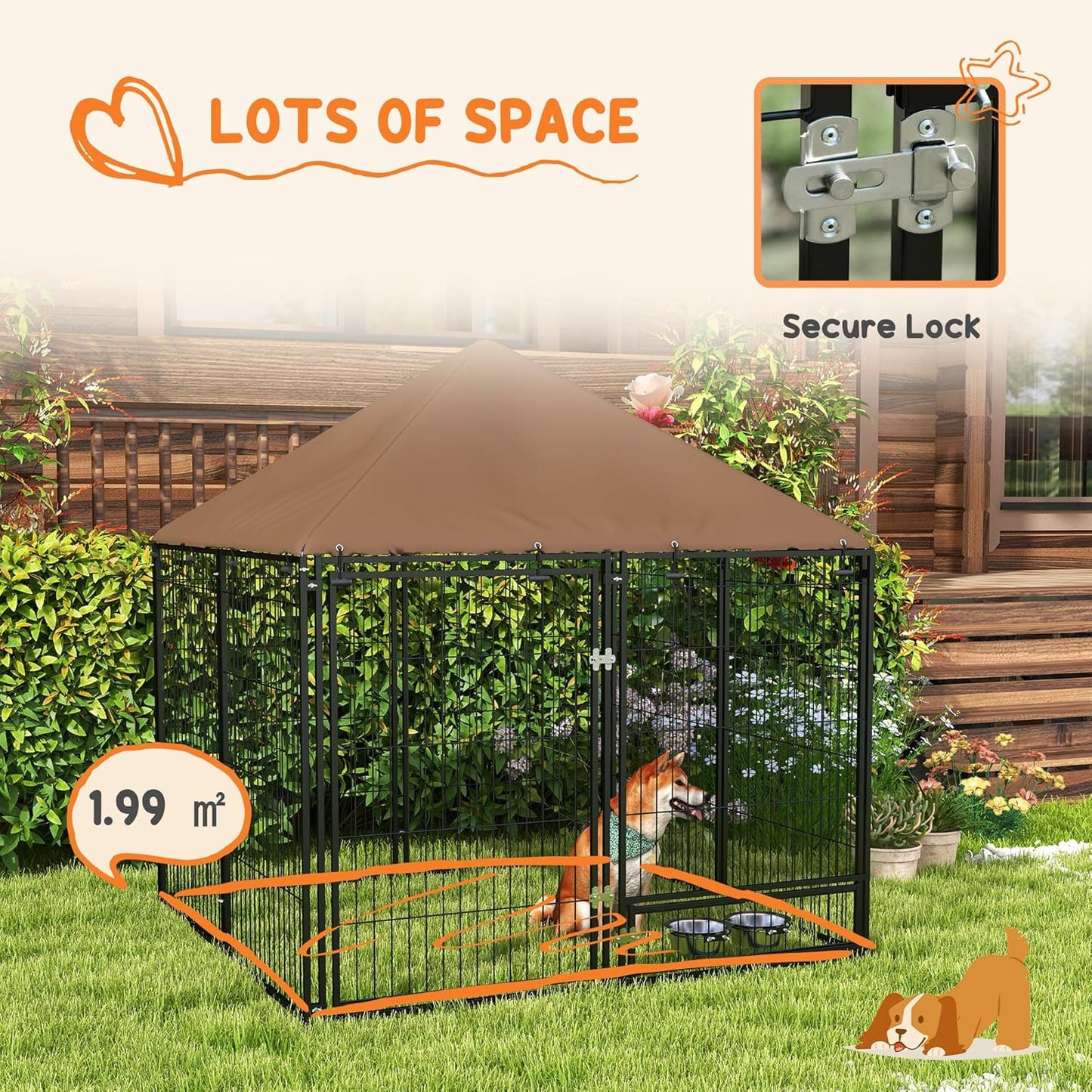 Dog Crate Furniture Style Outdoor Kennel with Canopy, 4.6' x 4.6' x 5' Large Dog Cage House Playpen Enclosure with Rotating Bowl, Durable Garden Playpen Fence Crate,Black