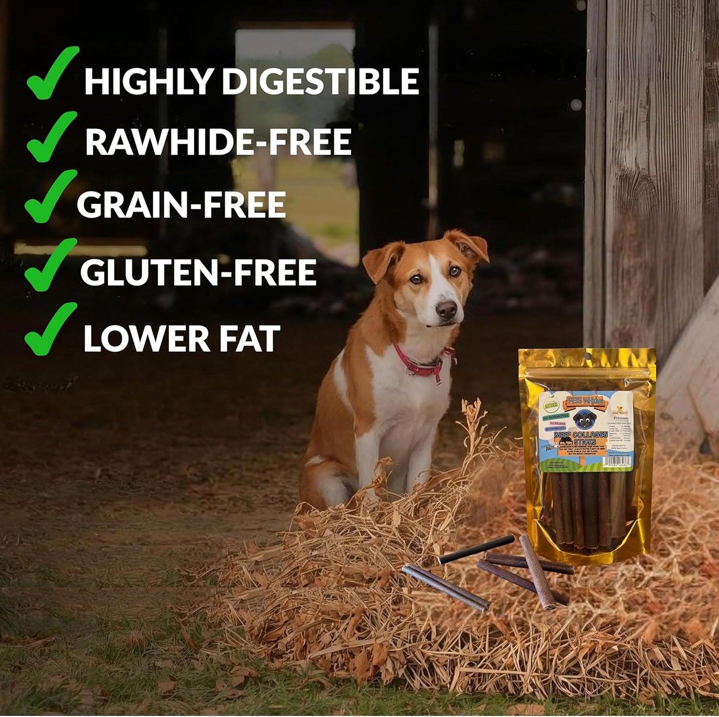 Pets WH Plus-Premium High Collagen Beef Dog Chews, 100% Natural, Single Ingredient, Grass-Fed Beef, 6” Sticks, 5 Count | Long-Lasting, Grain-Free, Rawhide-Free, Supports Joint Mobility & Dental Health