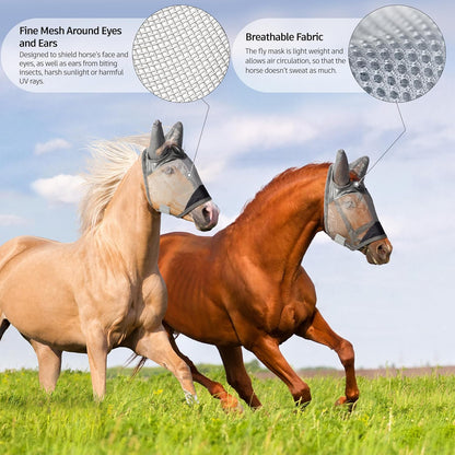Horse Fly Mask, Super Comfort Fly Masks for Horses, Adjustable UV Protection Breathability Horses Fly Masks with Ears, Pony Mini Equine Fly Mask for Miniature Foal Draft Cob Srabian Full (Gray, L)