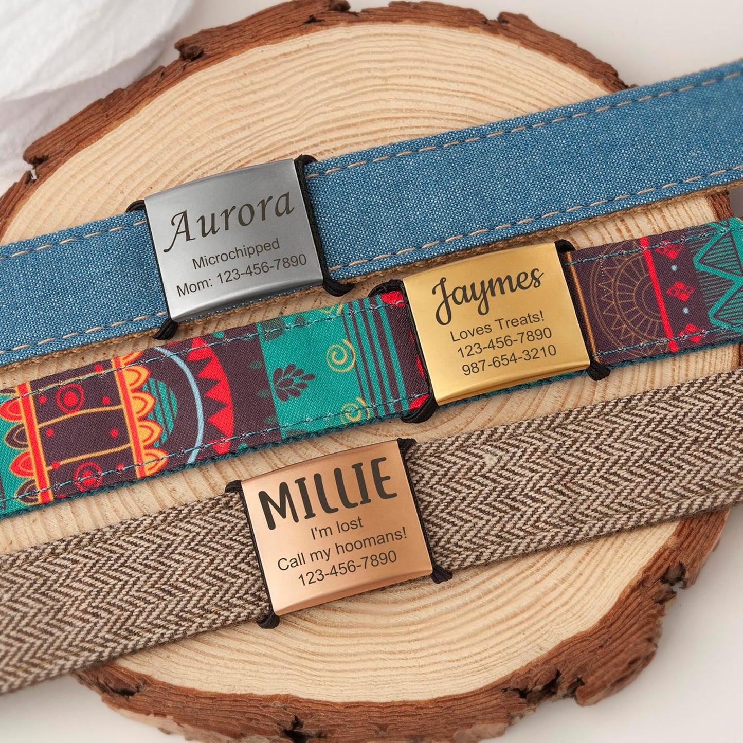 Anavia Slide On Silent Pet ID Tags, S/M/L/XL Personalized Stainless Steel Cat Dog Tag with Elastic Fabric Band, Engraved Nameplate Quiet Chew-Proof Pet Collar Tag (Gold, Large)