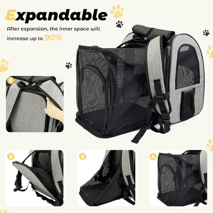 Zavothy Expandable Pet Backpack Carrier for Small Cats & Dogs, Airline Approved Travel Bag with Mesh Windows, Expandable Space, Padded Bottom, Foldable Design (Black/Grey)