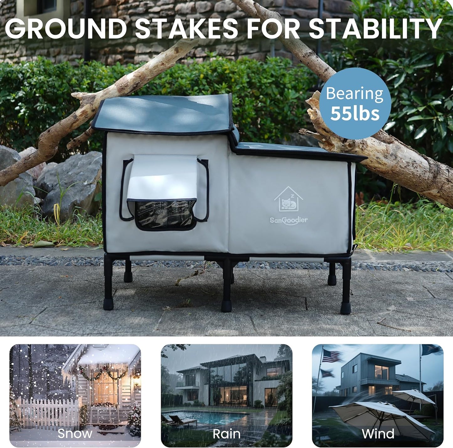 Cat Houses for Outdoor Cats, Outdoor Cat House Weatherproof with Insulation Layer for Warm, Foldable Cat Shelter, Cave Beds for Pets Up to 55lbs for Garden, Patio, or Backyard (Grey-L)