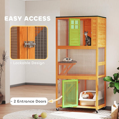 PawHut 74" Wooden Catio Outdoor Cat Enclosure Weatherproof & Wheeled, Outside Cat House with High Weight Capacity, Kitten Cage Condo, Orange