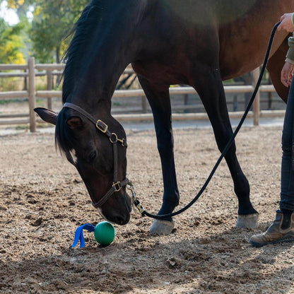KoreFlex Ball & Tail - Horse-Equine Toy, 4.75" Green Ball, Shape Maintaining Rubber, Durable Strap, Treat Stuffing Center, Toss-Bounce-Play