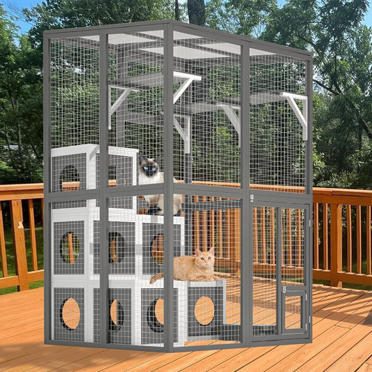 Outdoor Wooden Cat Catio,Large Walk-in Solid Wood Cats Enclosure with 2 Jumping Platforms & 7 Cozy Napping Houses,Weatherproof Flat Roof,Indoor/Outdoor Cat Playpen and Kennel Shelter,75.6" H Gray